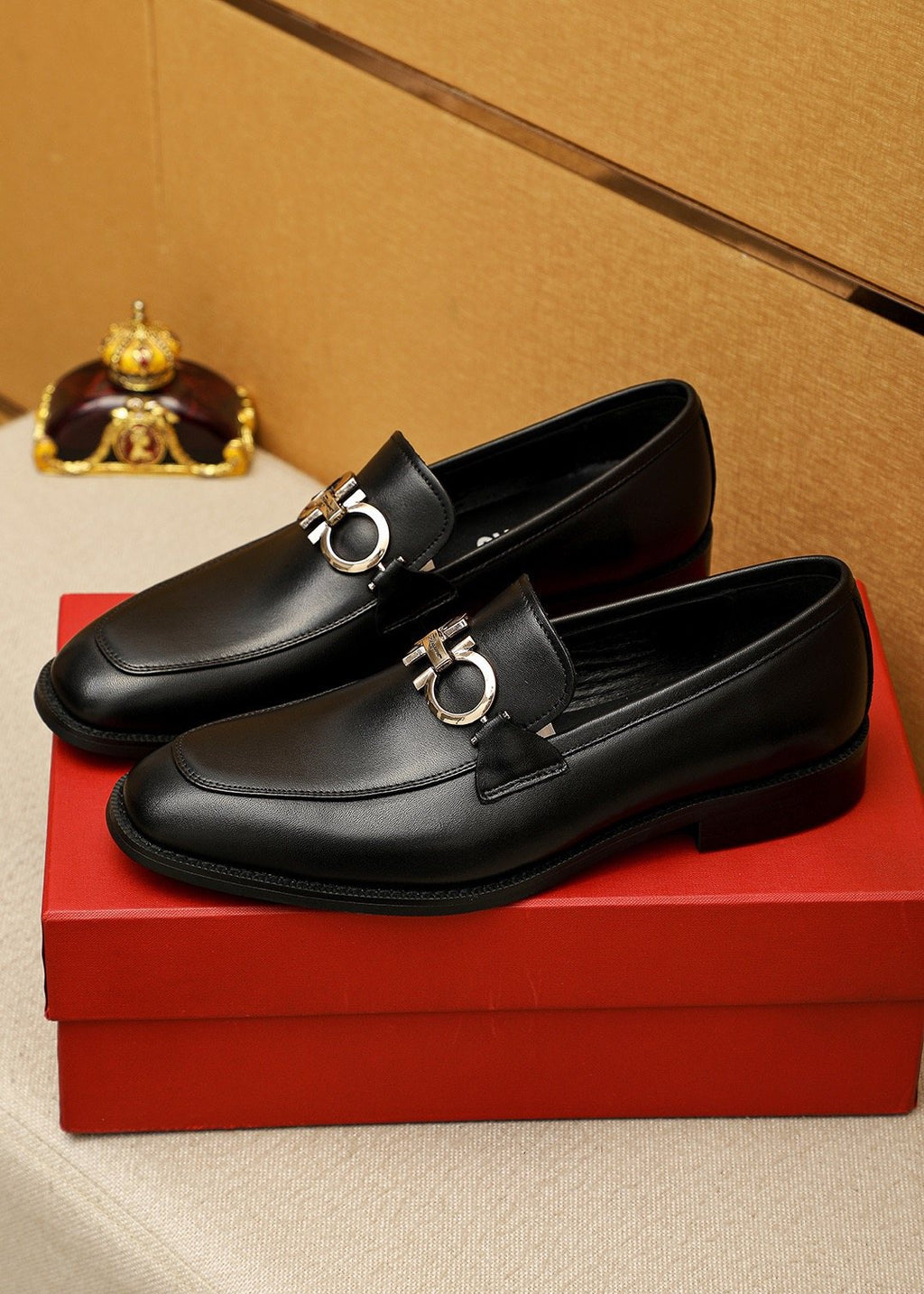 Ferragamo Black Metal Buckle Loafers — front