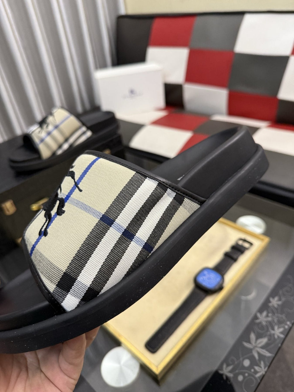 Burberry White Plaid Horse Motif Slide Sandals — detail
