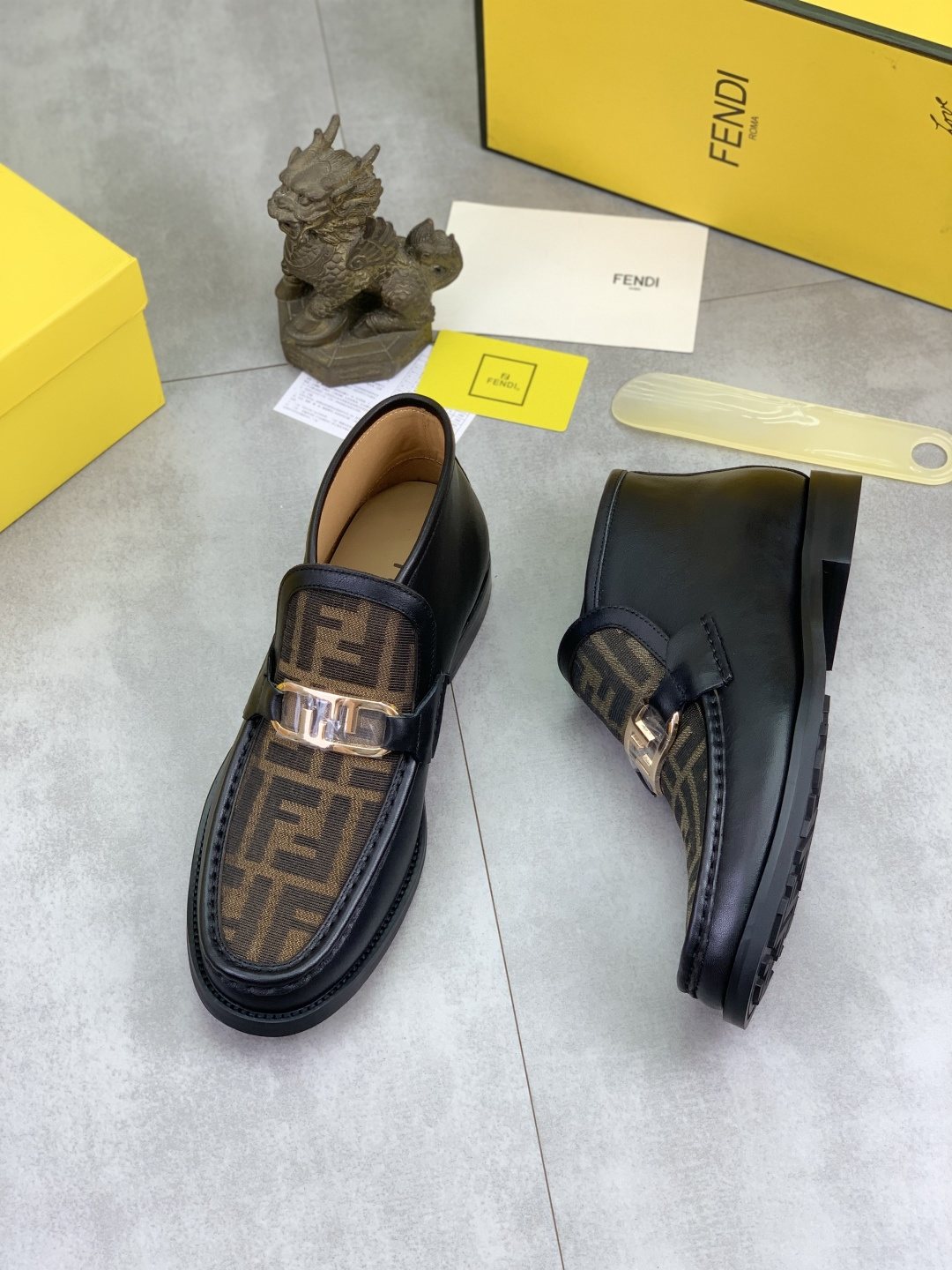 Fendi Black and Brown Monogram Buckle Ankle Boots — side