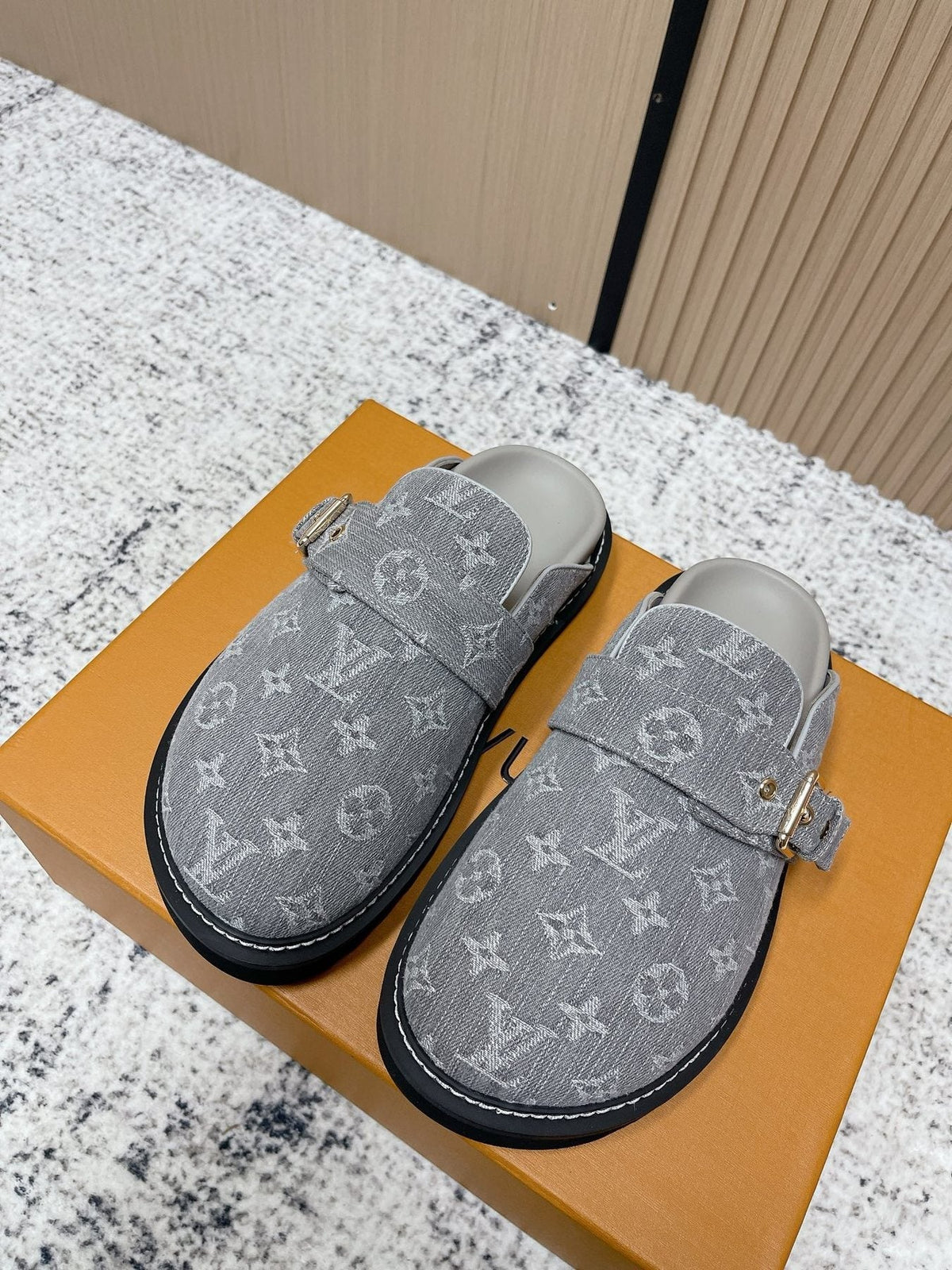 Louis Vuitton Monogram Buckle Clog Sandals — front