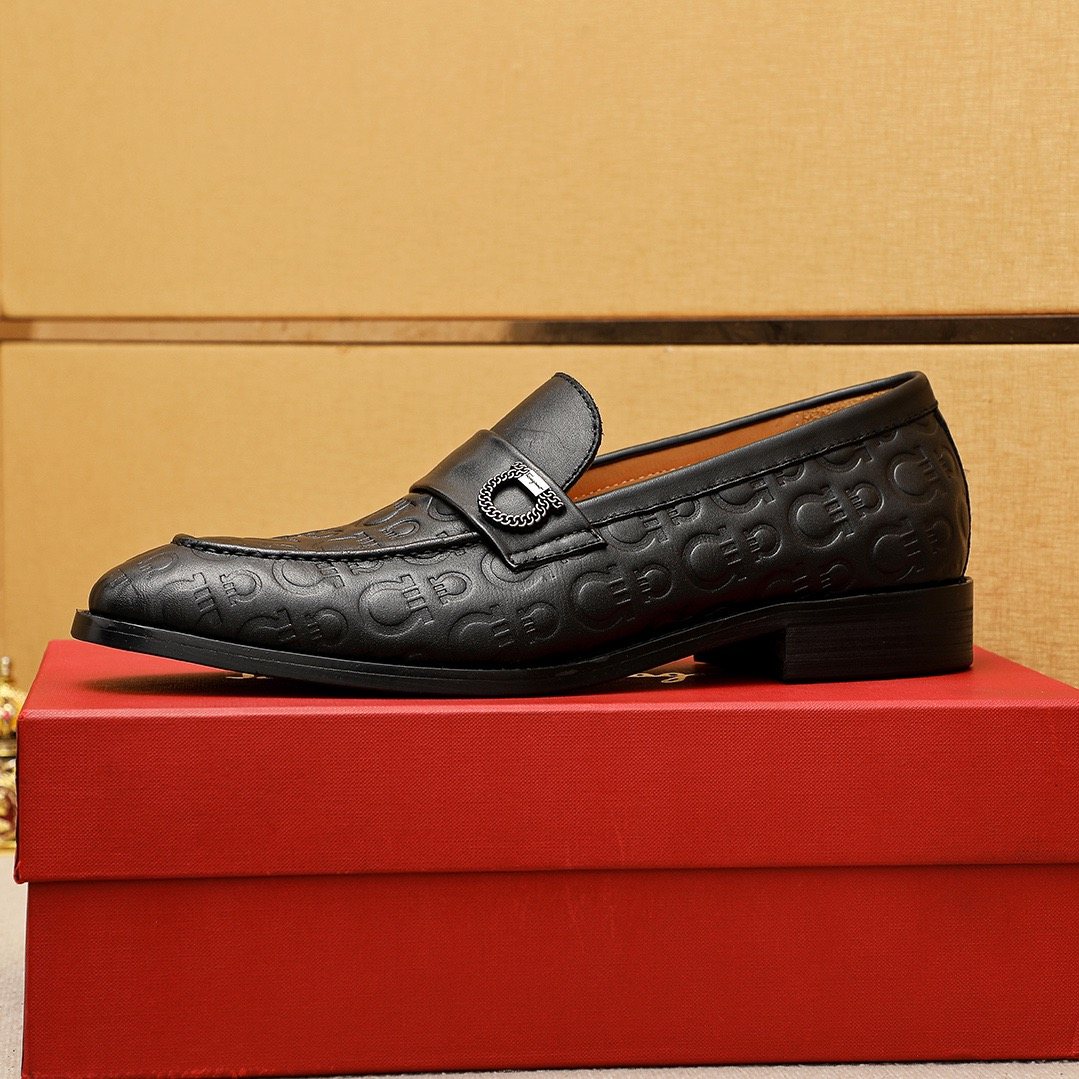 Ferragamo Burgundy Embossed Slip-On Shoes — side