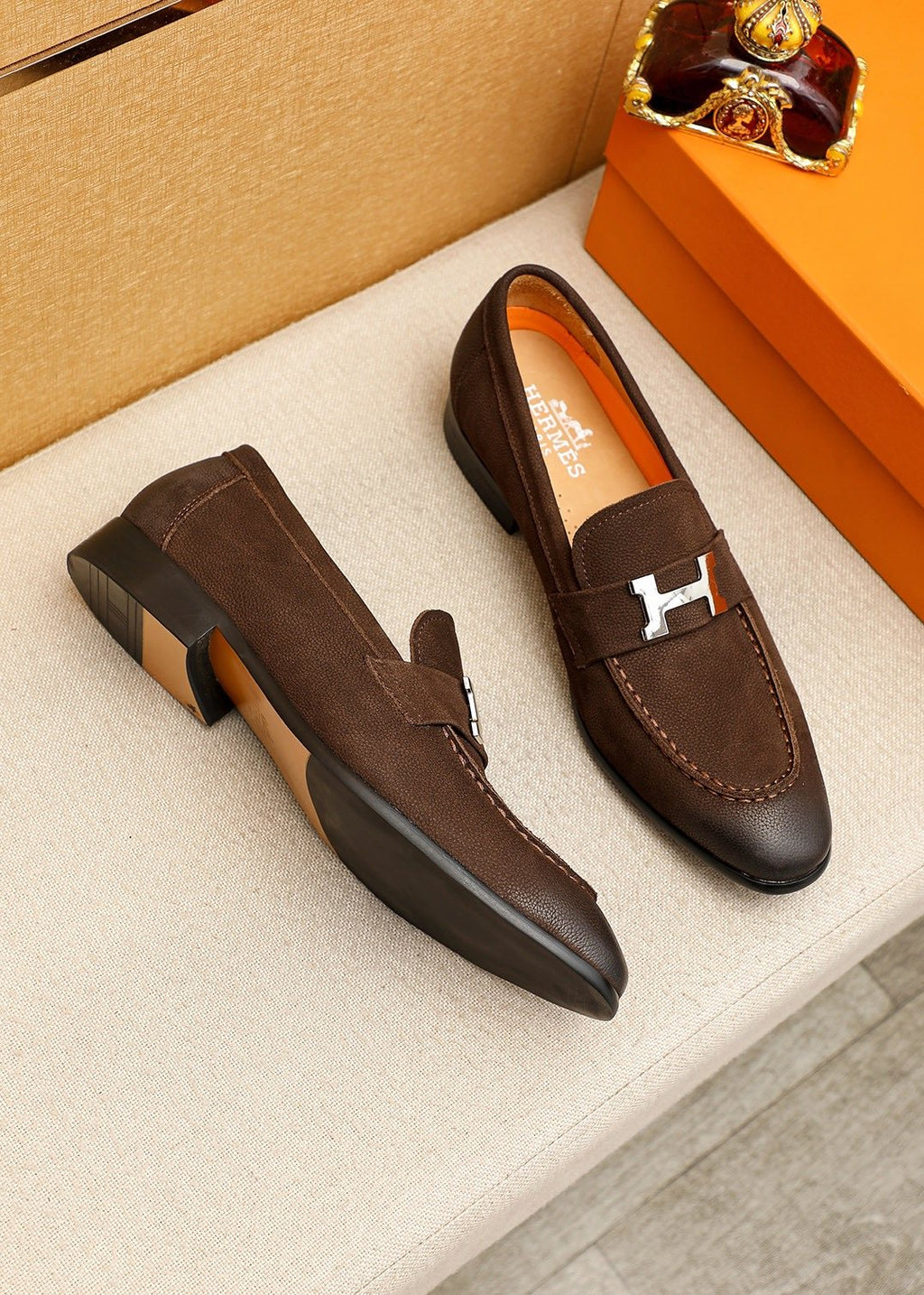 Hermès Dark Brown H-Hardware Loafers — front