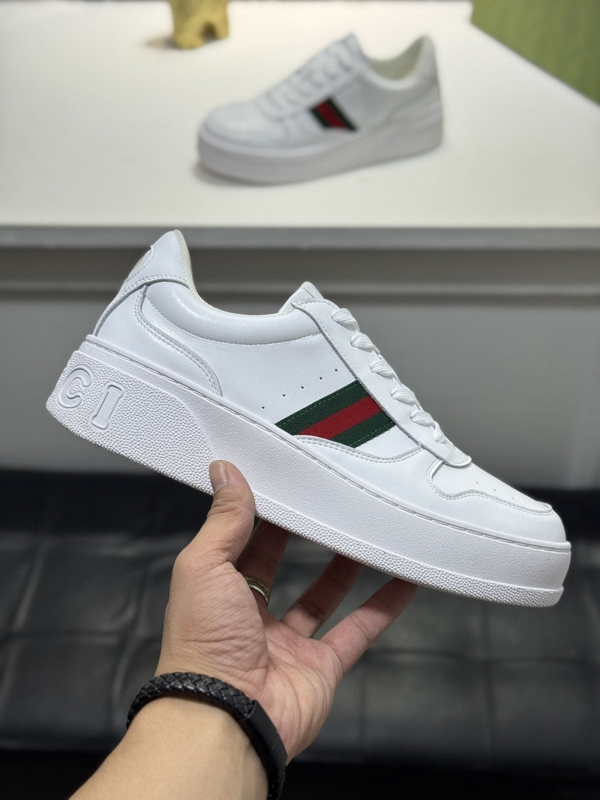 Gucci White Green-Red Stripe Sneakers — side
