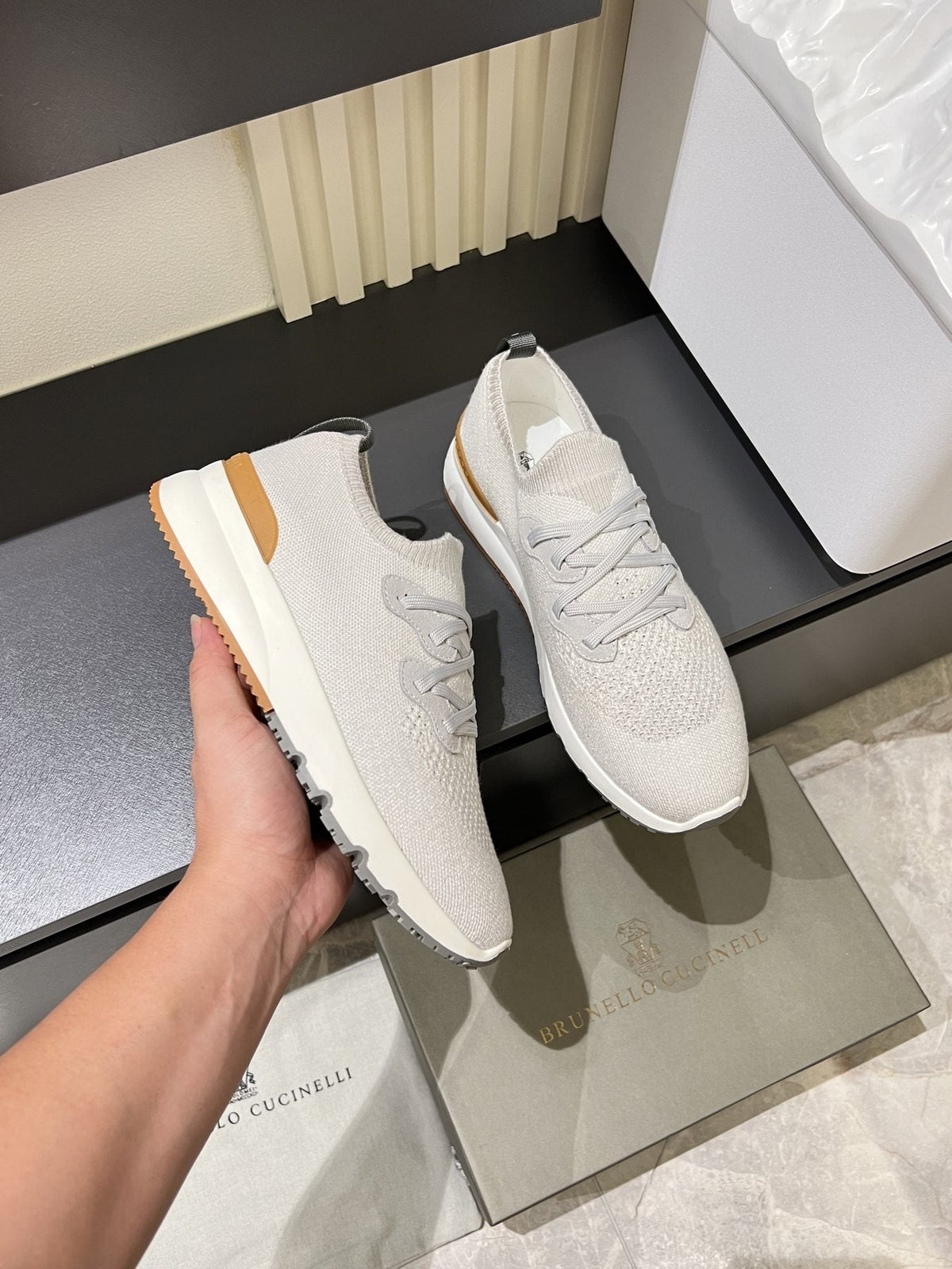Brunello Cucinelli Color-Block Knit Sneakers — model