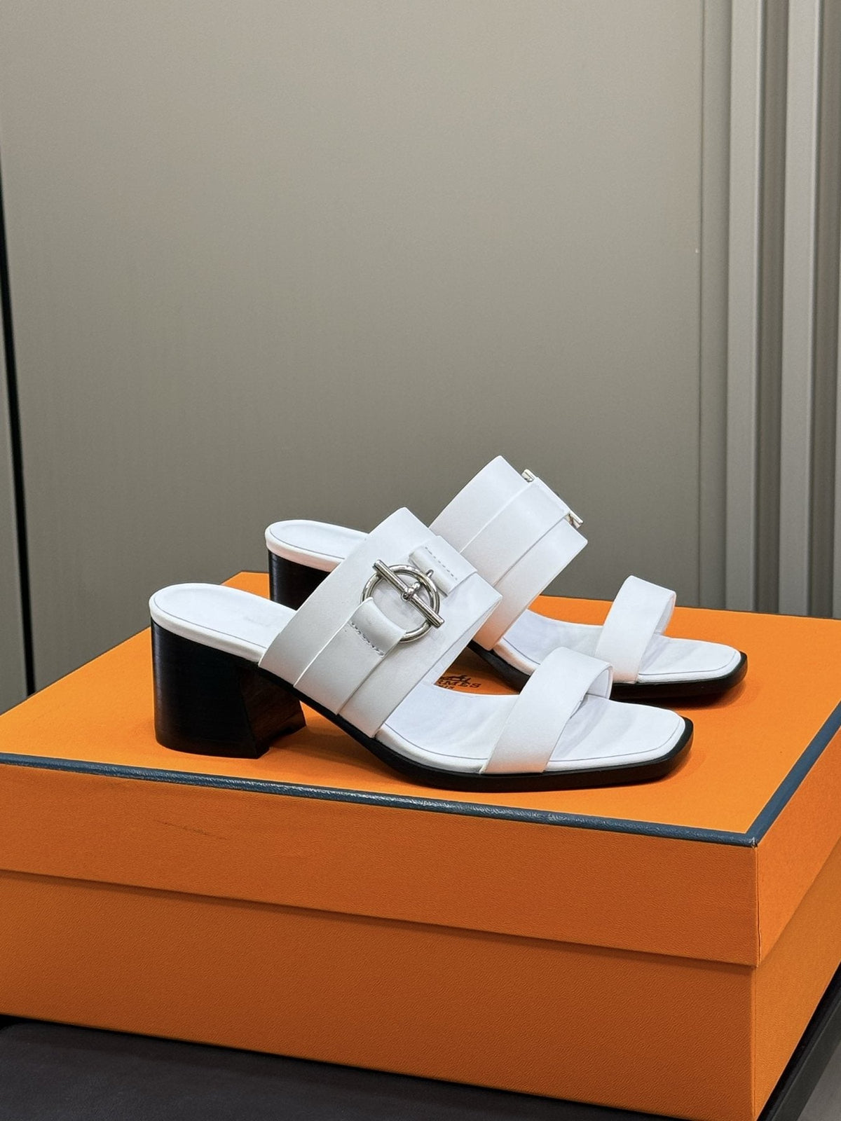 Hermès Kute Buckle Block-Heel Slide Sandals — front