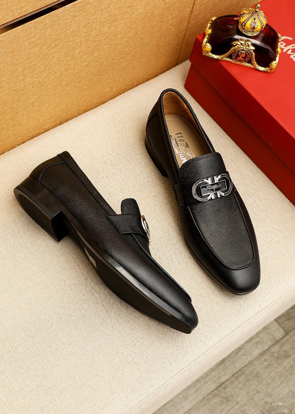 Ferragamo Textured Buckle Loafers — side