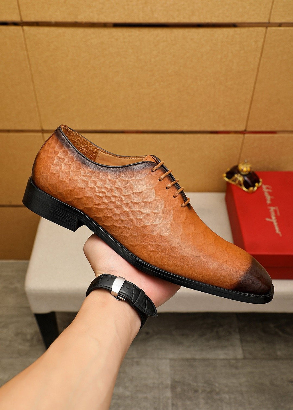 Ferragamo Embossed Lace-Up Dress Shoes — model