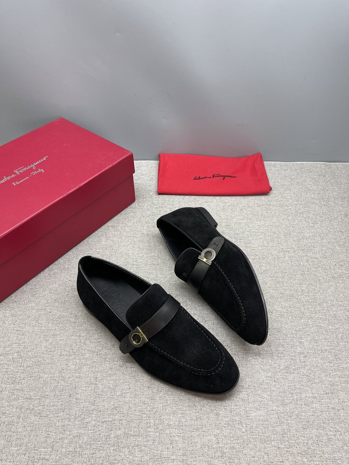 Ferragamo Navy Buckle Loafers — side
