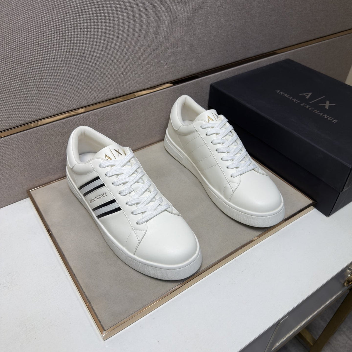 Armani Navy and White Stripe Sneakers — front
