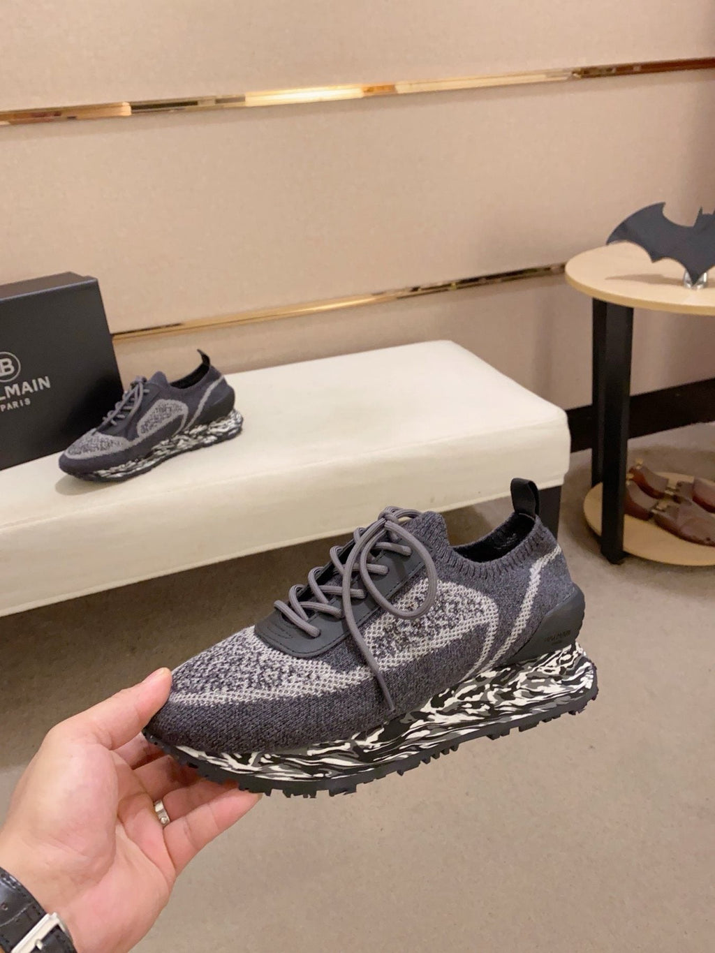 Balmain Gray and Black Knit-Look Sneakers — side