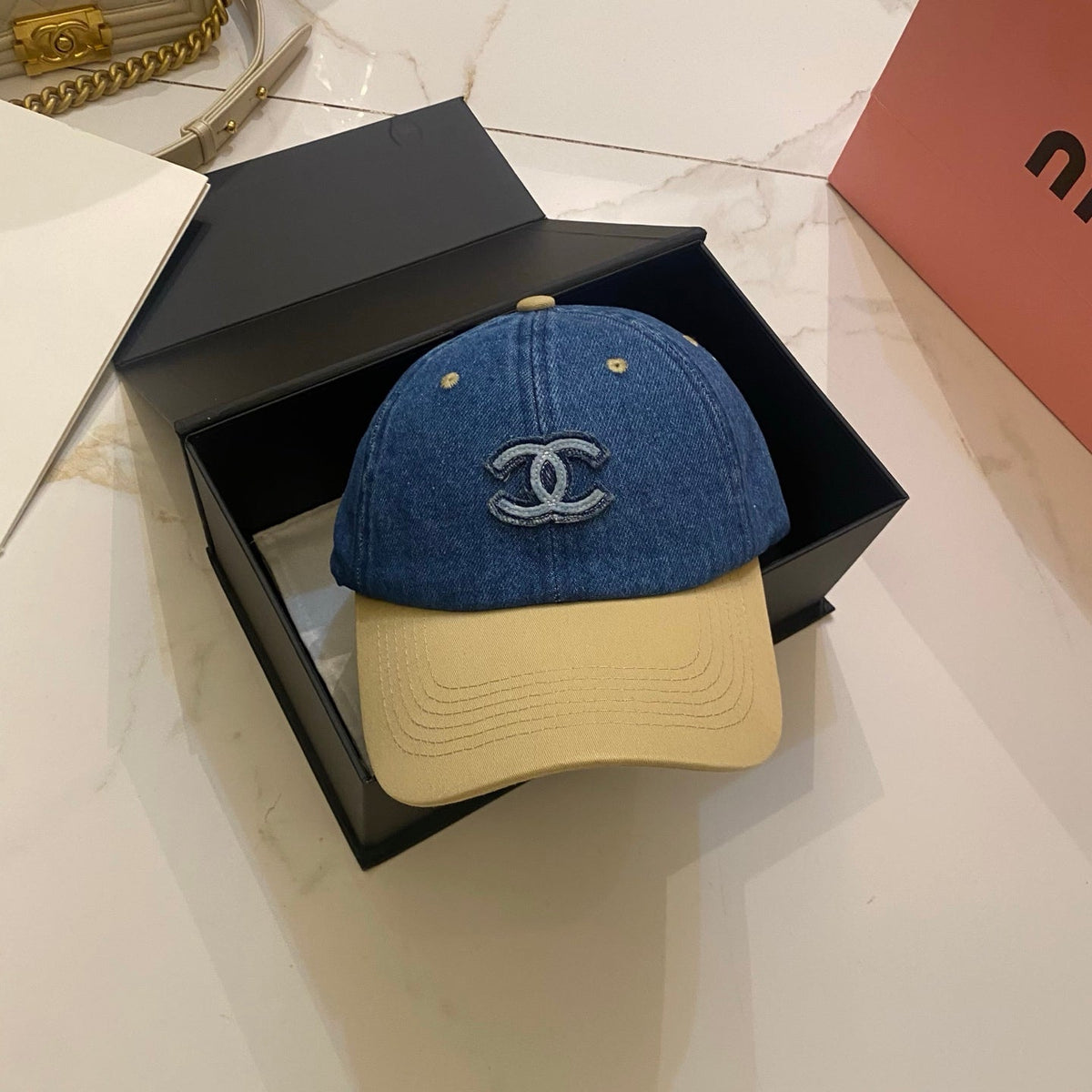 Chanel Color-Block Denim Baseball Cap