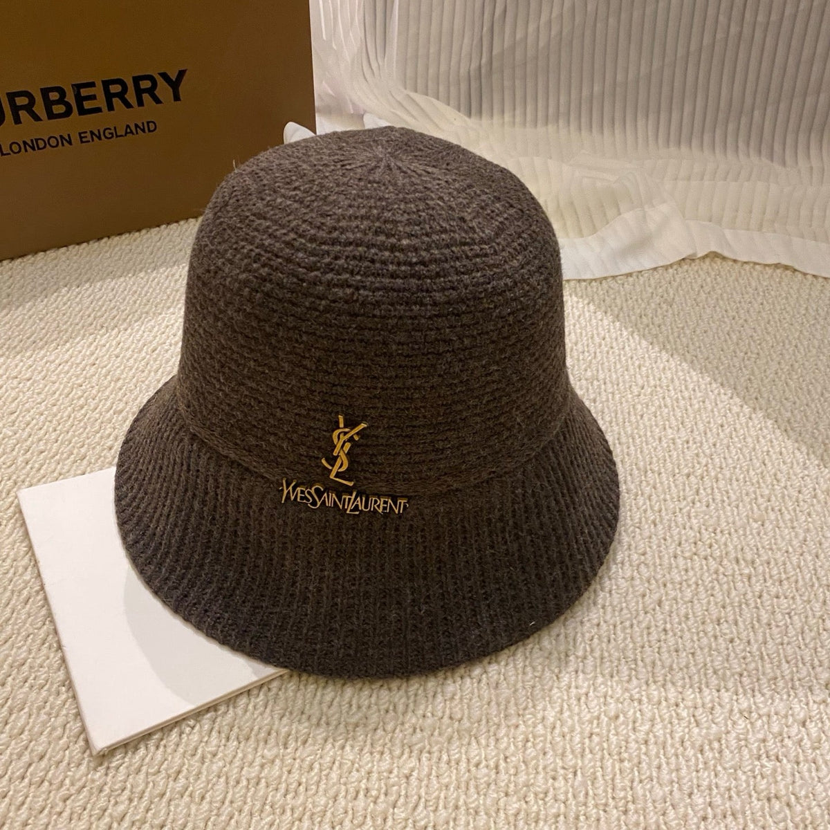 Saint Laurent Gold Logo Knitted Bucket Hat